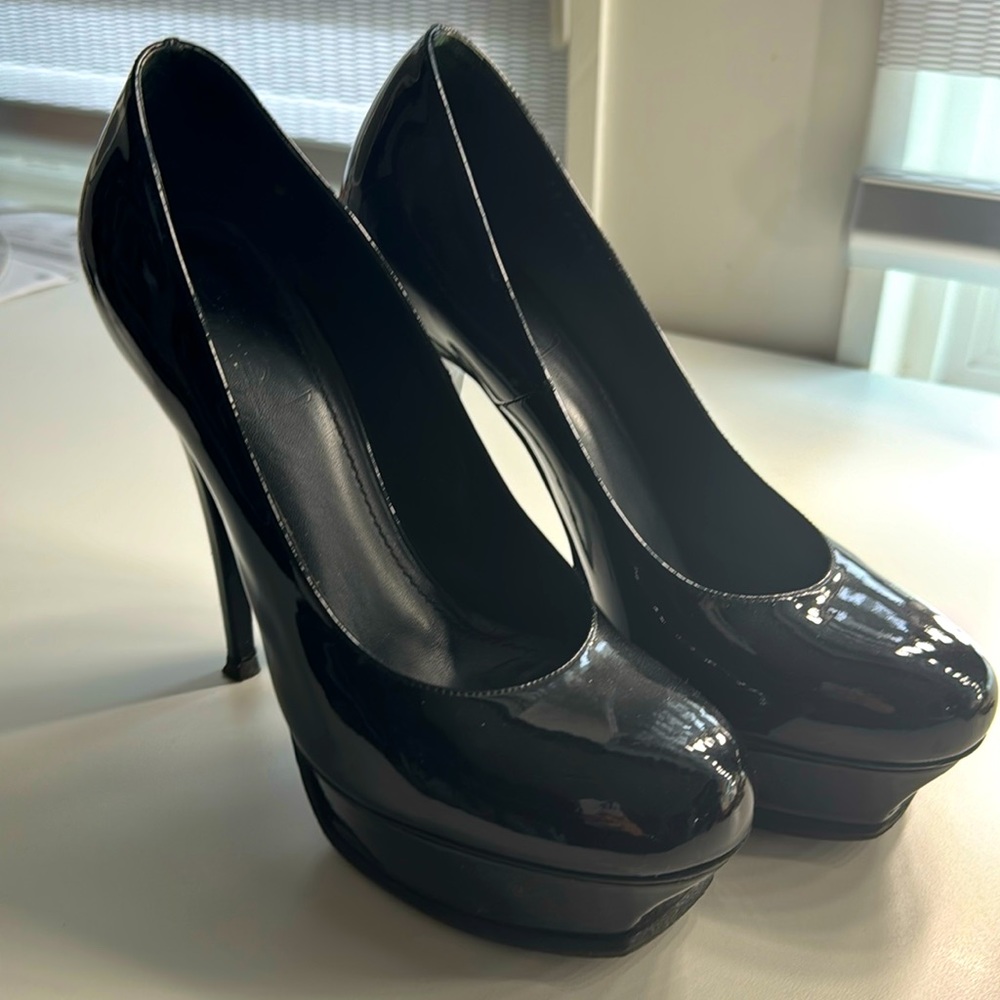YSL black patent platform tribute in a size 37.5